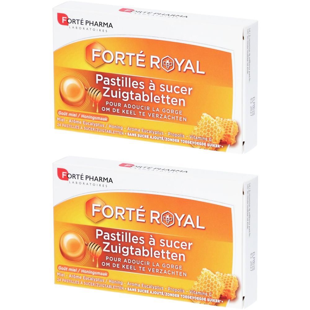 Deux paquets de pastilles Forté Royal, motif miel et rayon de miel.