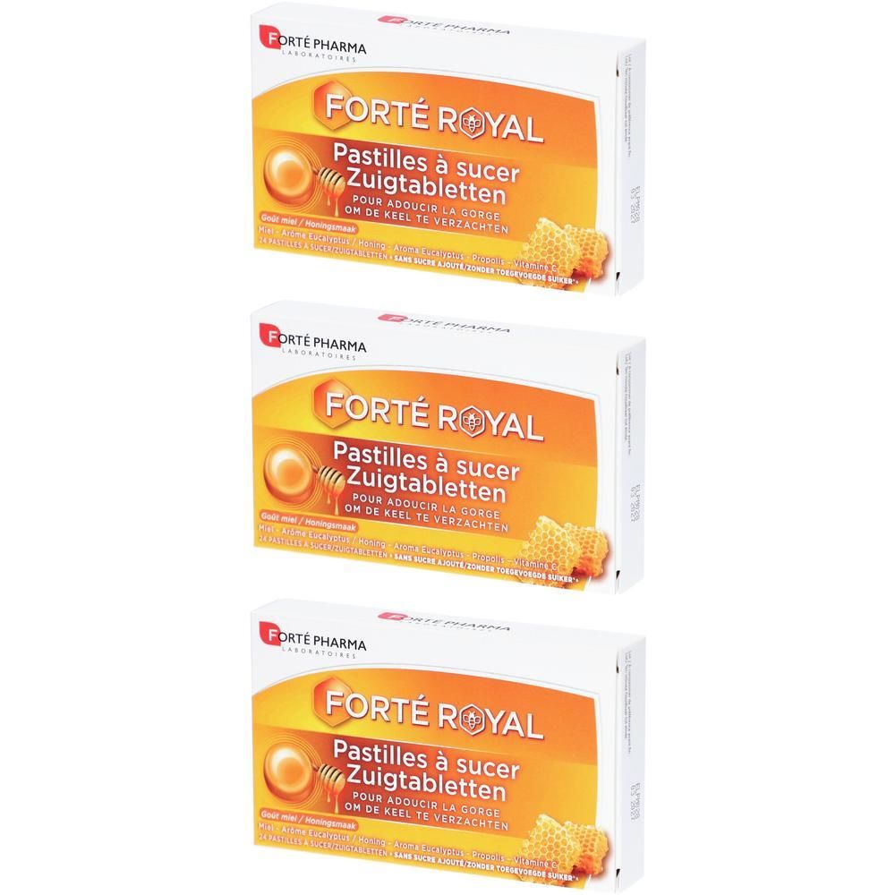 Trois boîtes de Forté Pharma Forté Royal Pastilles au miel, avec motifs de nid d'abeille et de miel.
