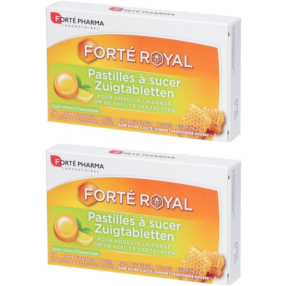 Twee pakken Forté Pharma Forté Royal Zuigtabletten met citroen en honing.