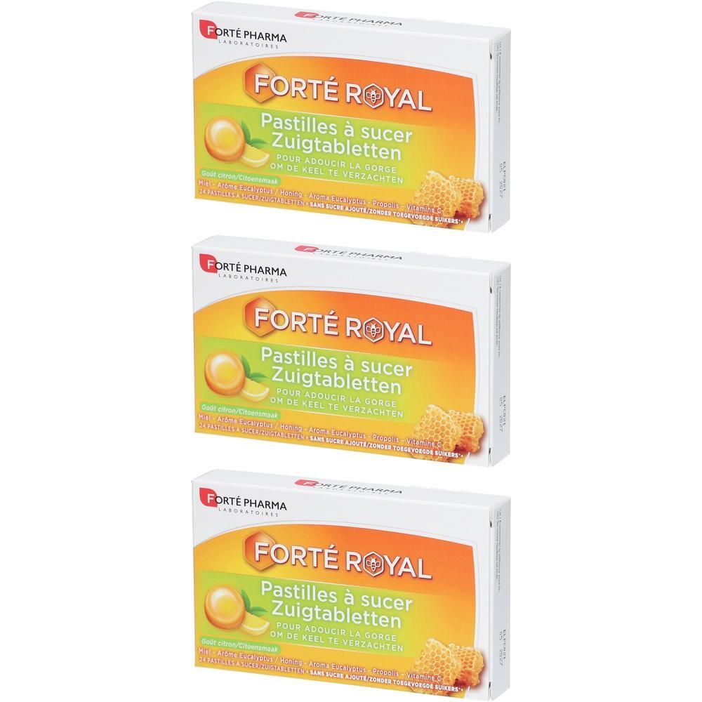 Drie pakken Forté Pharma Forté Royal zuigtabletten met citroensmaak en honingraatontwerp.