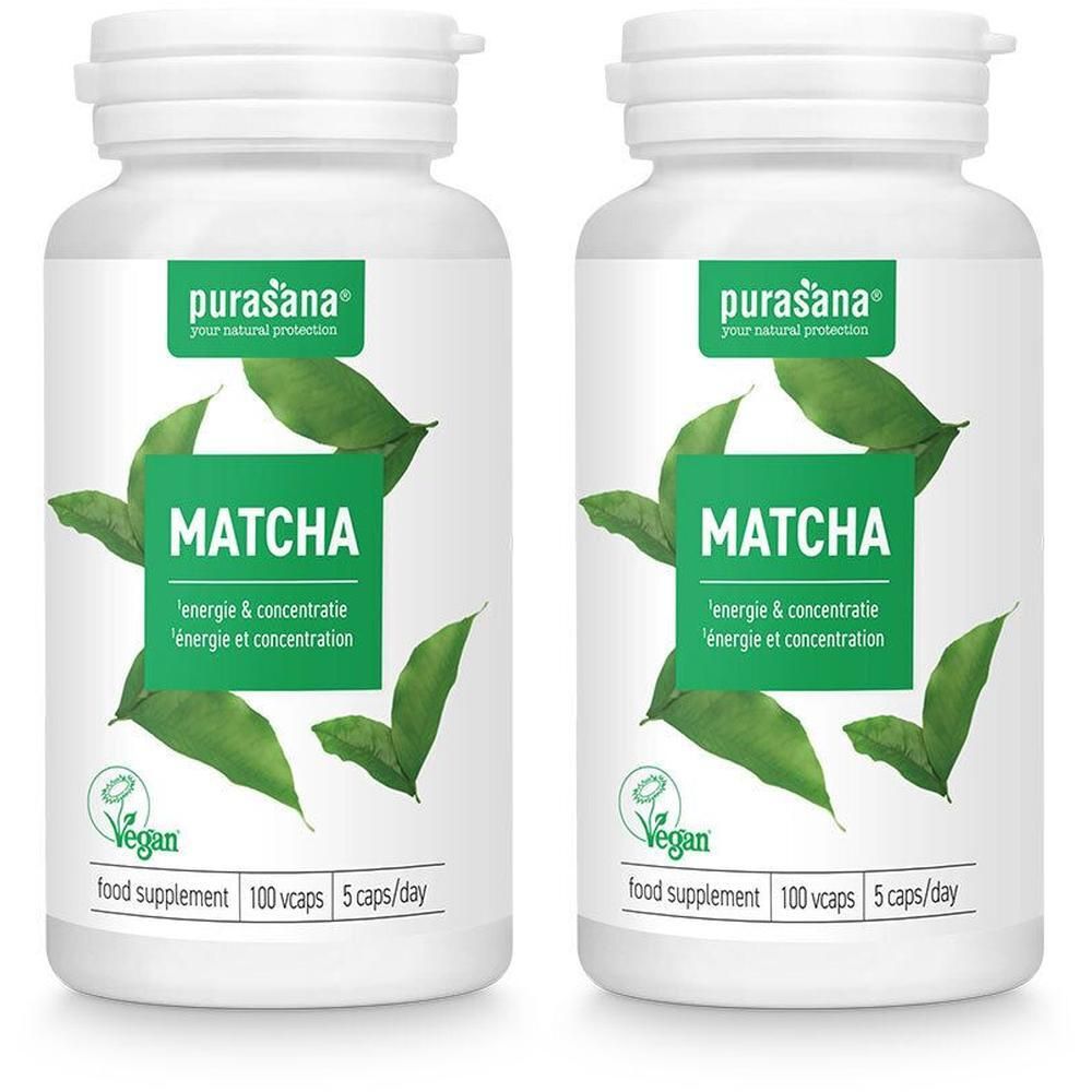 Twee flacons Purasana Matcha Bio capsules, vegan, 100 capsules per flacon.