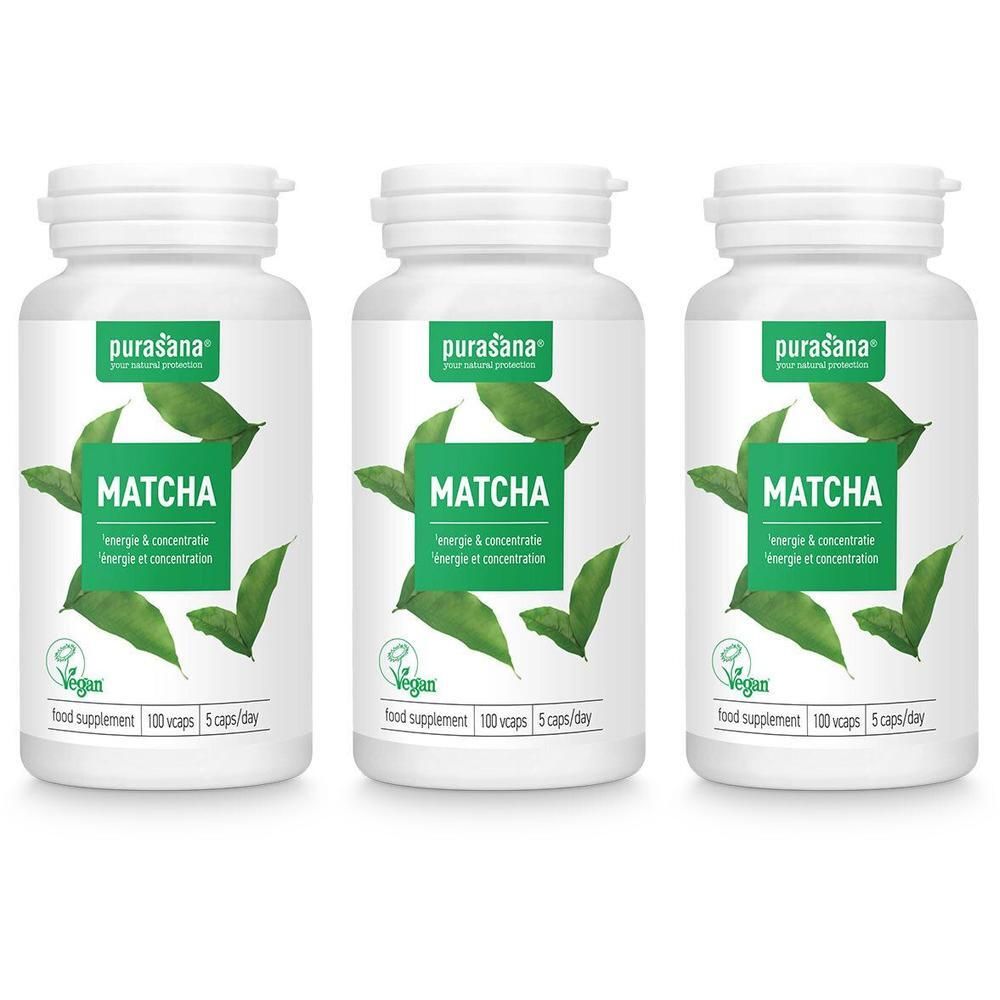 Trois flacons de Purasana Matcha, complément alimentaire avec feuilles vertes et sceau "Vegan".
