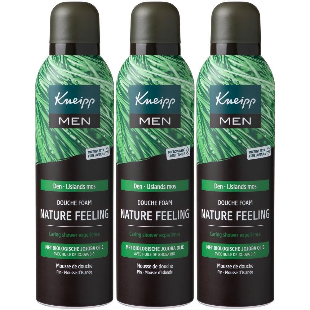 Trois flacons de mousse de douche Kneipp Men Nature Feeling à l'huile de jojoba. Emballage vert avec motif d'herbe.