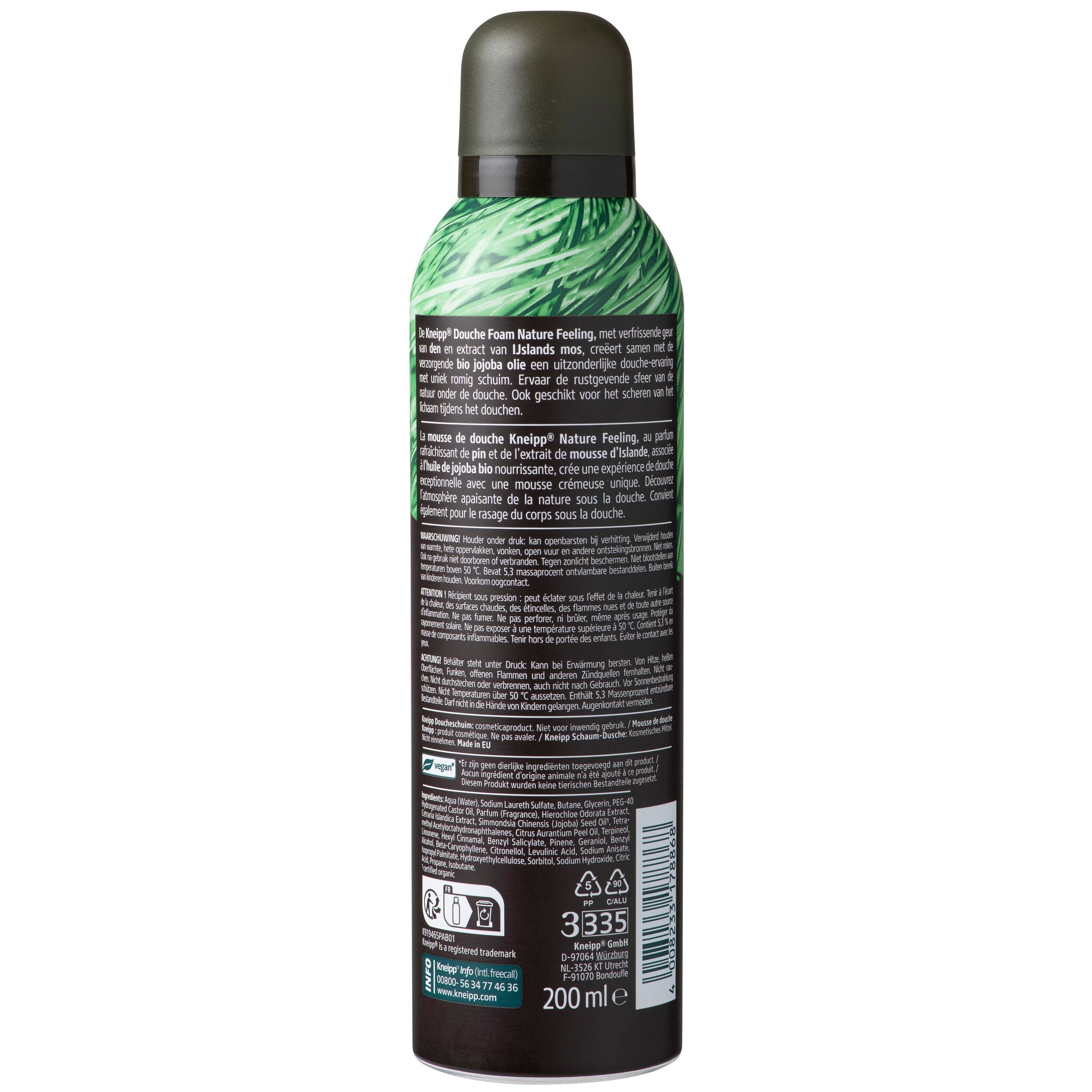 Arrière de la mousse de douche Kneipp Men Nature Feeling avec informations produit et indication 200ml.