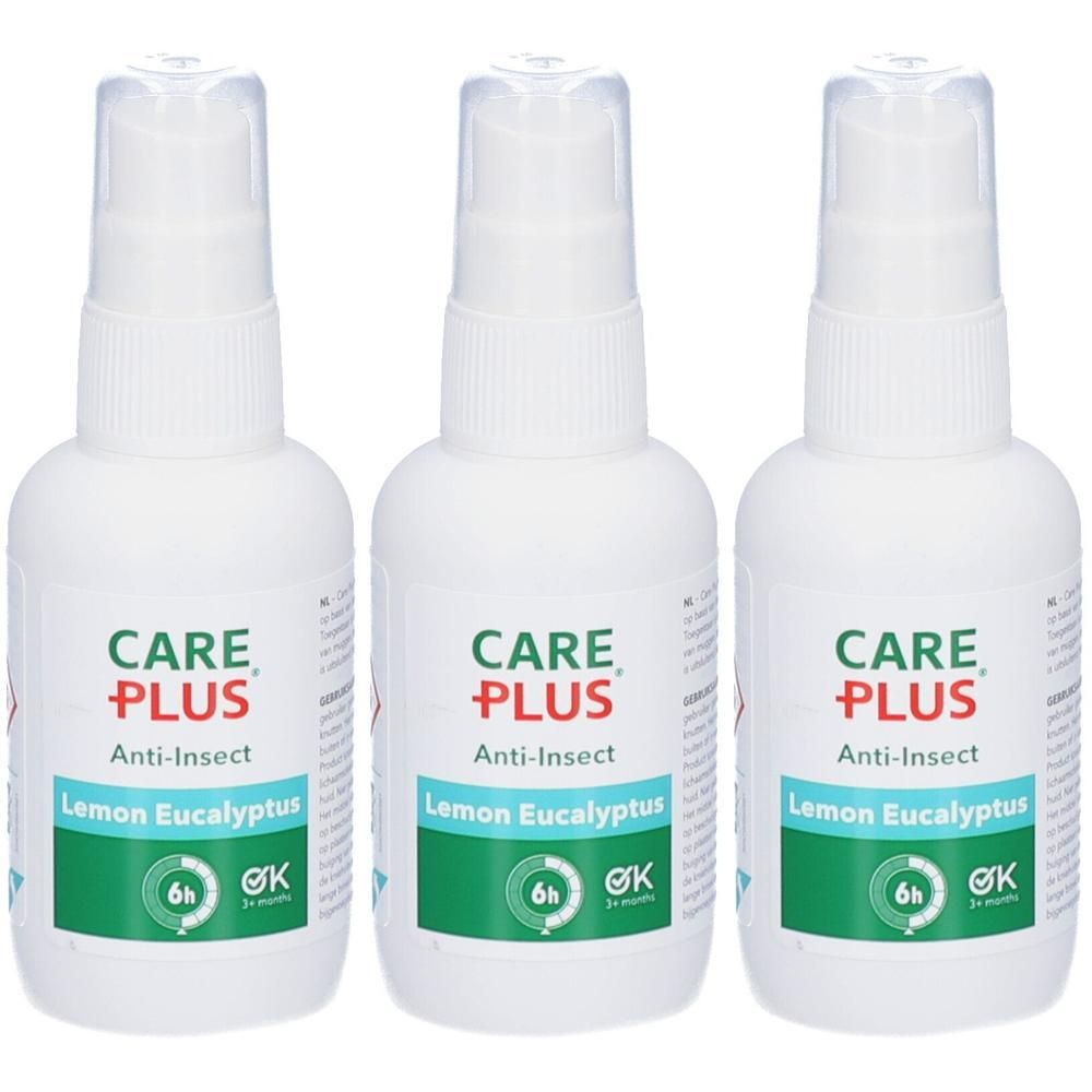 Trois flacons de spray anti-insectes Care Plus Lemon Eucalyptus avec tête de pulvérisation.
