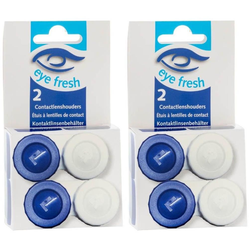 Deux étuis pour lentilles de contact, bleus et blancs, avec couvercles à visser. Emballés en boîte.