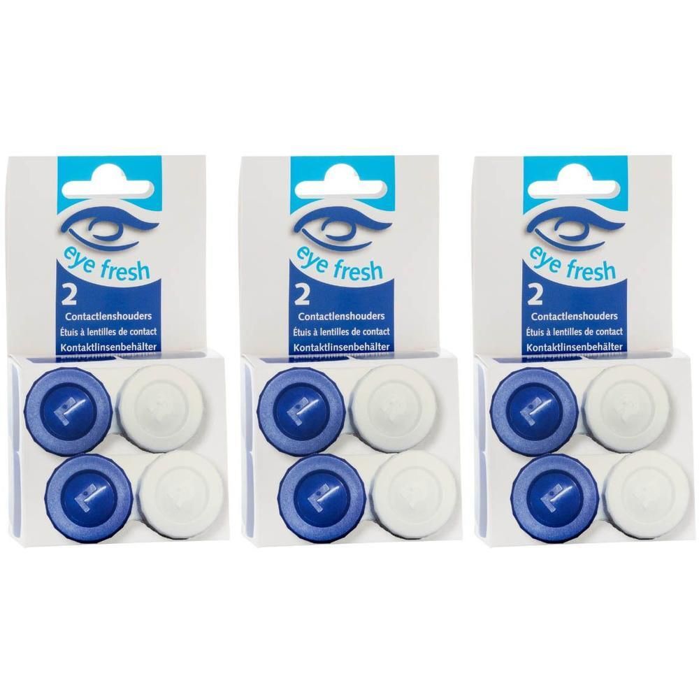Trois paquets de 2 étuis à lentilles de contact Eye Fresh. Boîtiers bleus et blancs.