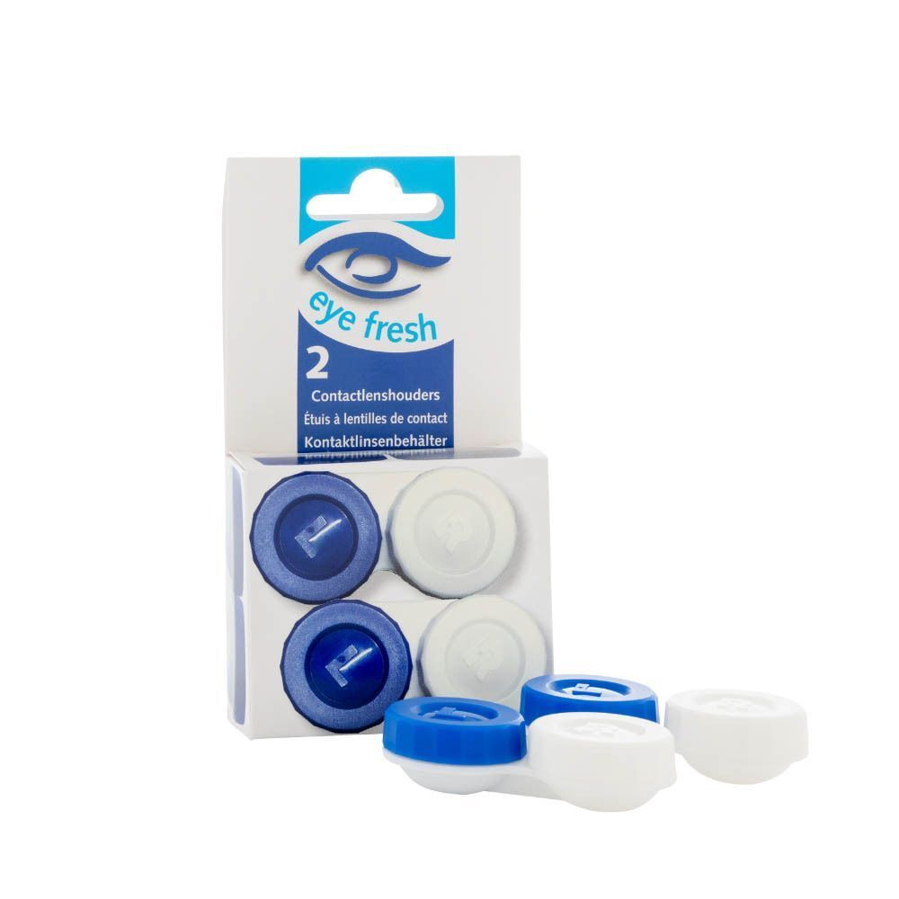 Eye Fresh contactlenshouder voor 2 lenzen. Een open houder met blauwe en witte delen.