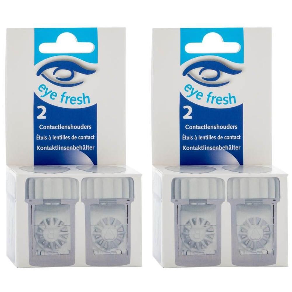 Deux étuis à lentilles de contact Eye Fresh, chacun avec un capuchon à vis. Boîtier transparent avec insert blanc.