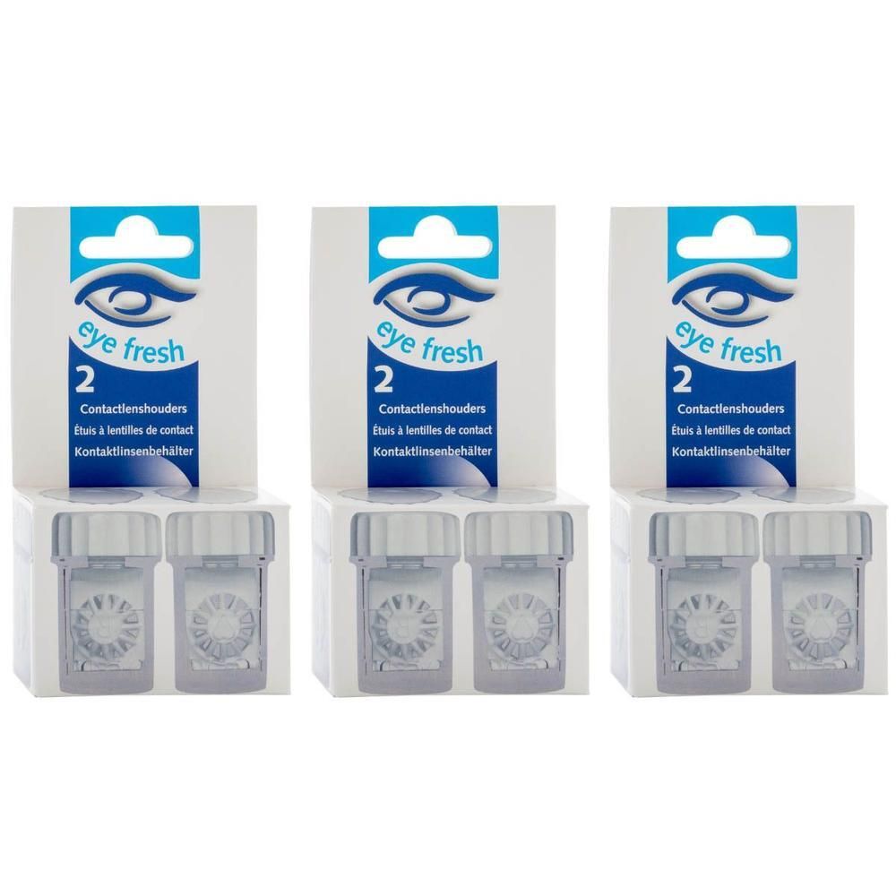Drie verpakkingen Eye Fresh contactlenshouders, twee houders per verpakking.