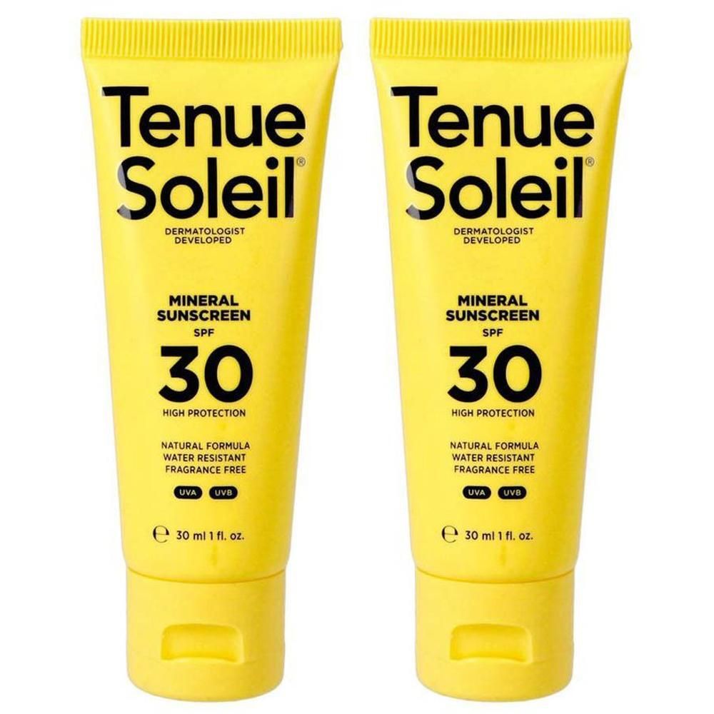 Twee tubes minerale zonnebrandcrème SPF 30. Natuurlijke formule, waterbestendig, geurvrij.