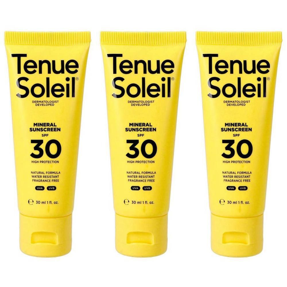 Drie tubes Tenue Soleil Minerale Zonnebrand SPF 30, geel, 30ml.