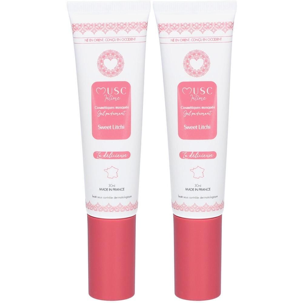 Twee tubes Musc Intime Sweet Litchi Gel Parfumant met roze doppen.