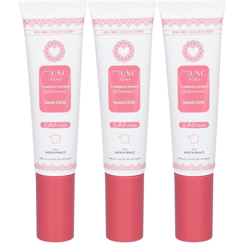 Drie tubes "Musc Intime Sweet Litchi Gel Parfumant" met roze dop. Gemaakt in Frankrijk.