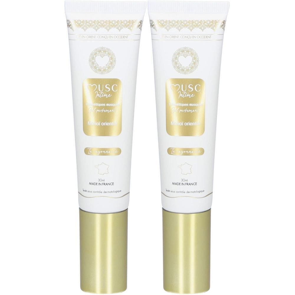 Deux tubes de Musc Intime Gel Parfumé Monoï Oriental avec bouchons dorés.