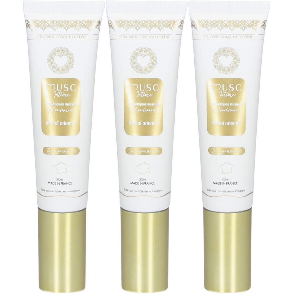 Trois tubes de Musc Intime Gel Parfumé Monoï Oriental avec bouchons dorés.