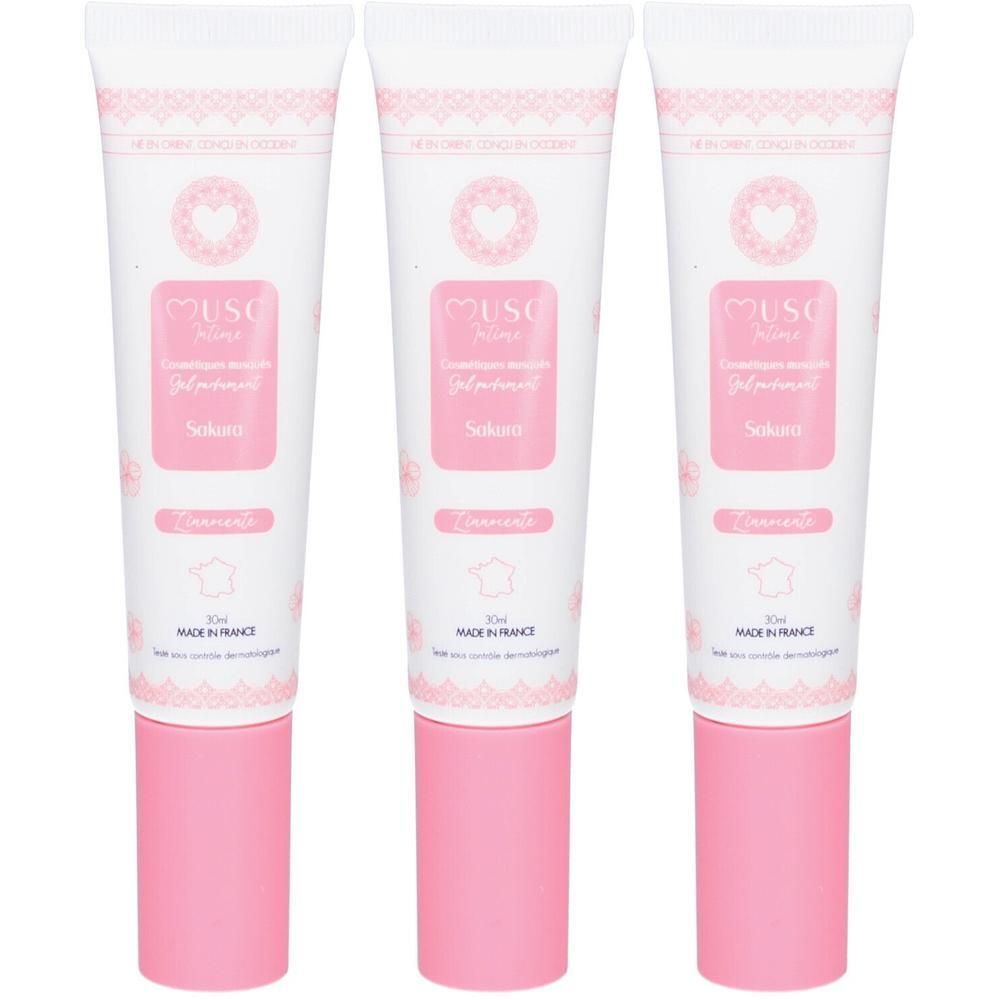Drie tubes Musc Intime Gel Parfumant Sakura, 30ml.