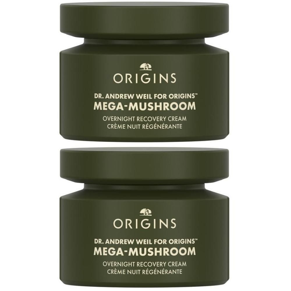 Twee groene potjes Origins Mega Mushroom Overnight Recovery Cream.