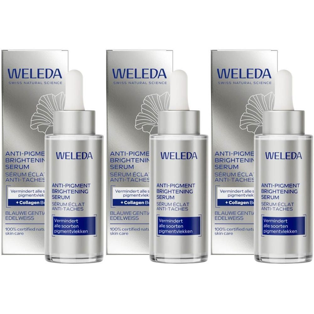 Trois flacons de sérum éclaircissant anti-pigment Weleda avec pipettes.