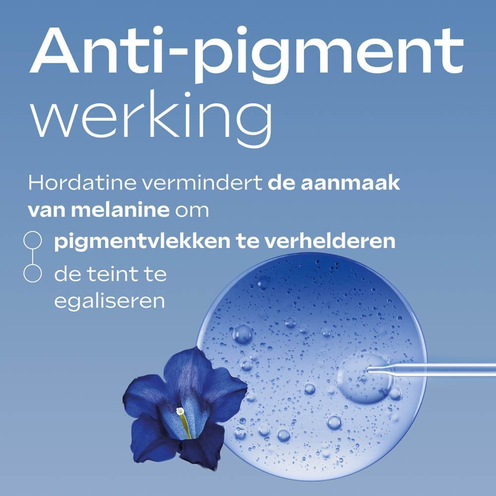 Anti-pigment werking: blauwe bloem en serumdruppels.