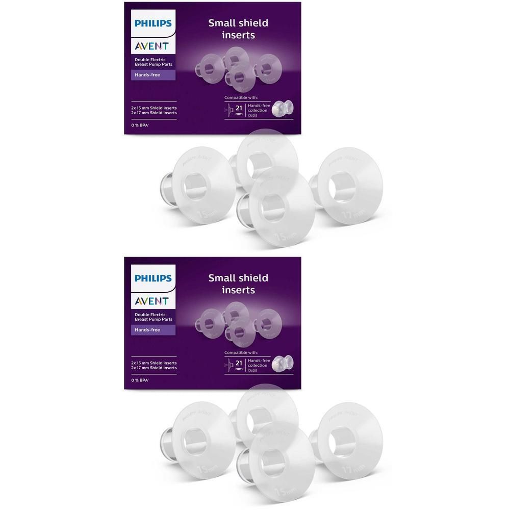 Deux paquets d'inserts Philips Avent Small Shield, chacun avec quatre inserts.