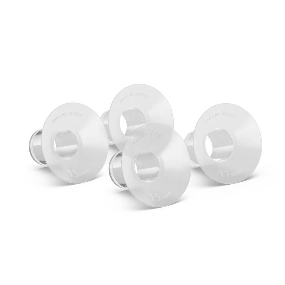 Quatre inserts Philips Avent Small Shield, deux marqués 15mm et deux 17mm.