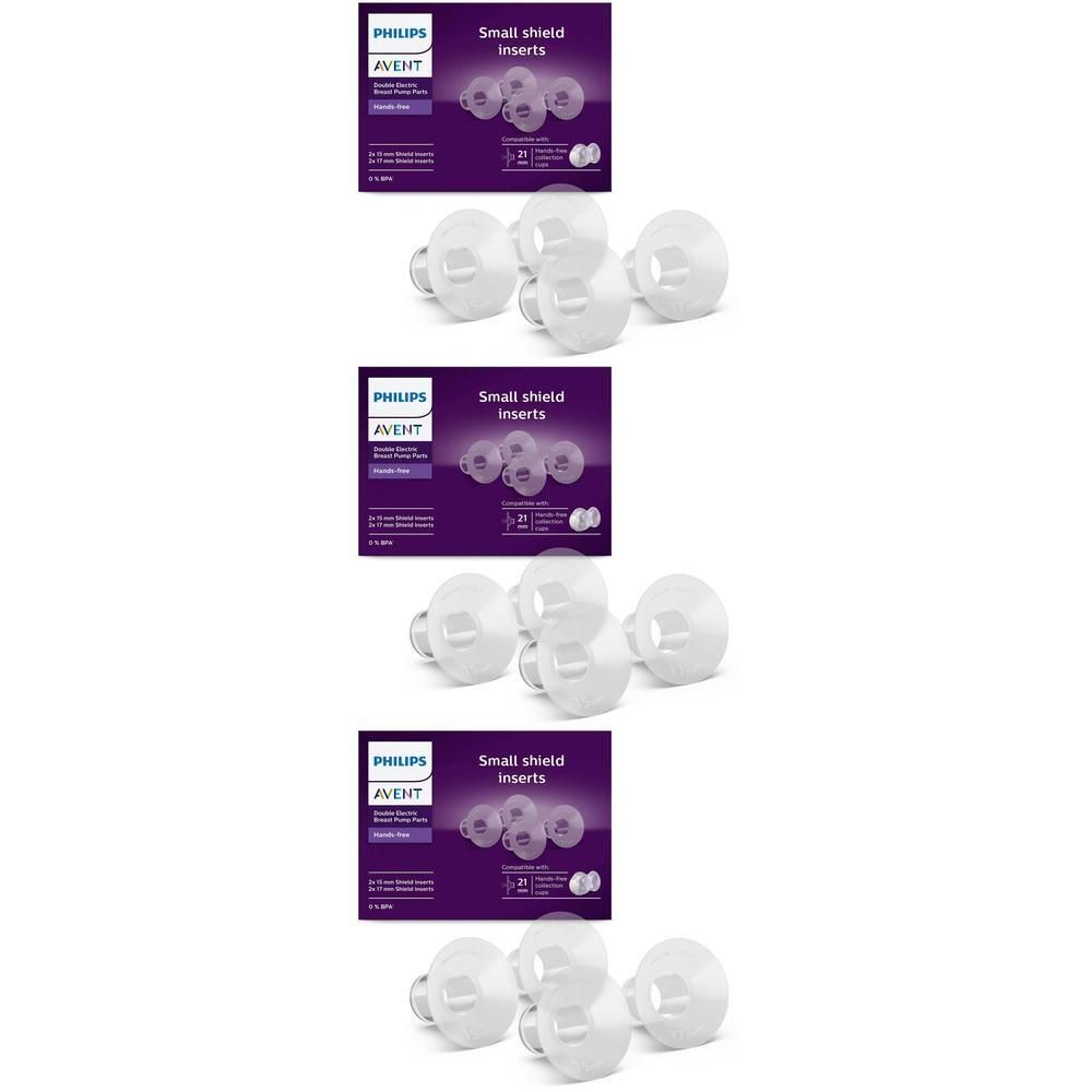 Drie verpakkingen Philips Avent Small Shield Inserts, elk met vier inzetstukken.