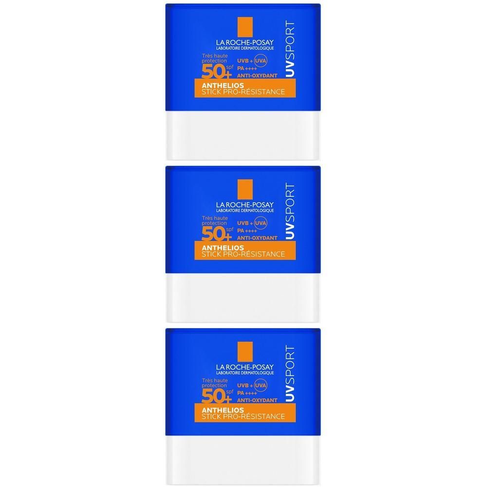 Drie La Roche-Posay Anthelios UV Sport Stick SPF50+ in blauwe en witte verpakking.