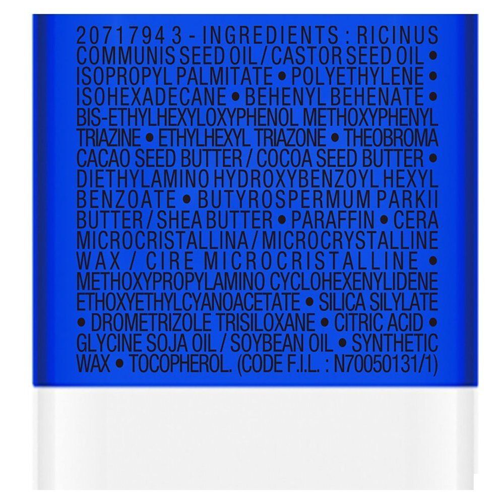 La Roche-Posay Anthelios UV Sport Stick SPF50+. Ingrediënten op blauwe achtergrond.