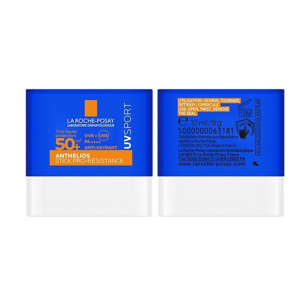 La Roche-Posay Anthelios UV Sport Stick SPF50+. Avant et arrière avec détails.