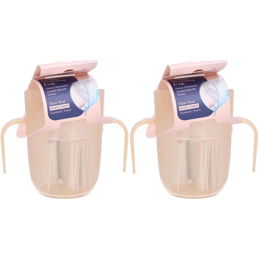 Twee roze oefenbekers met handvatten en een slow-flow smart insert.