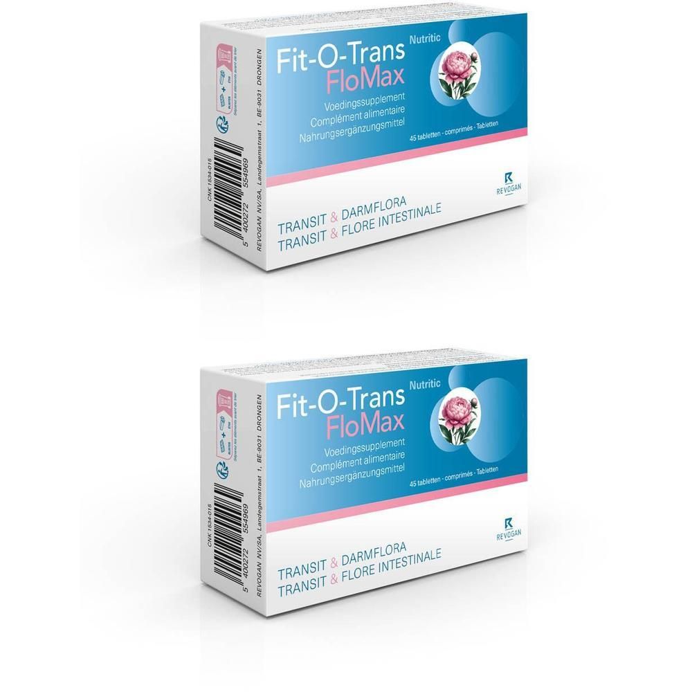 Twee verpakkingen Fit-O-Trans FloMax, voedingssupplement voor darmflora.