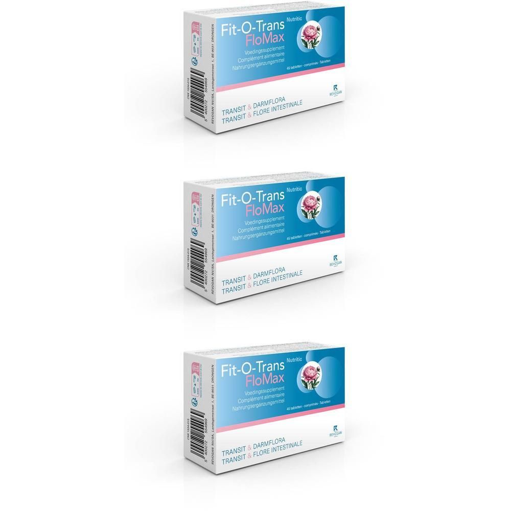 Trois boîtes de Fit-O-Trans FloMax, complément alimentaire pour le transit.