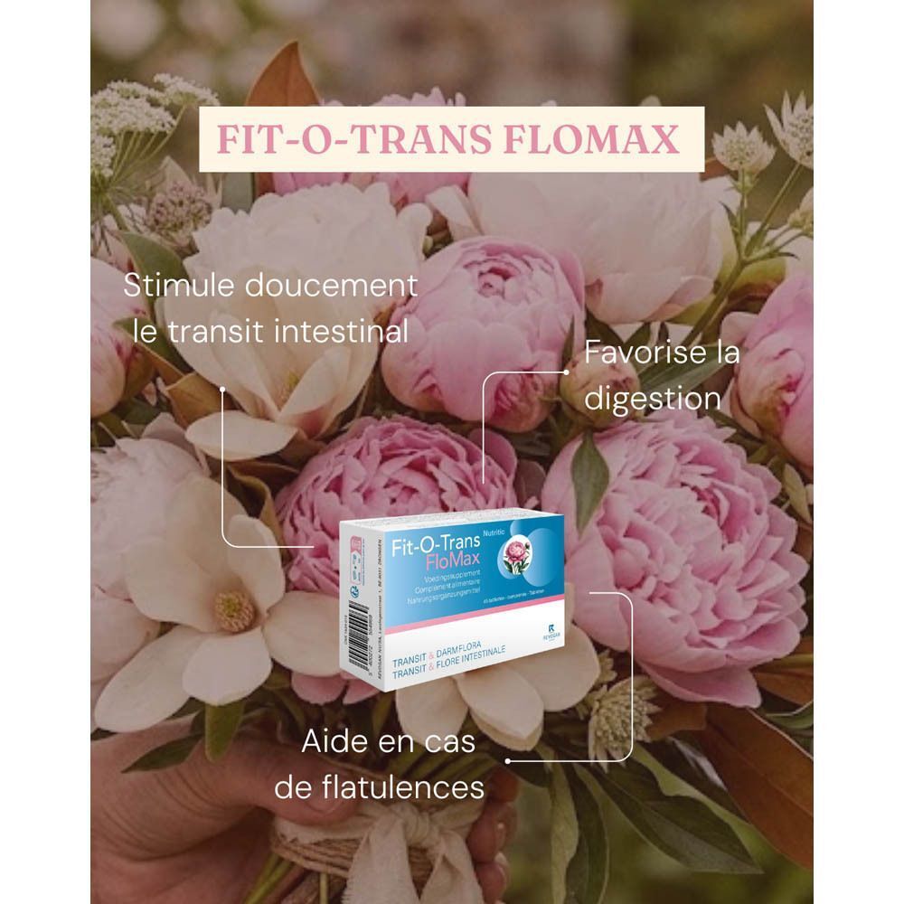 Boîte Fit-O-Trans FloMax au milieu de fleurs, stimulation douce du transit.