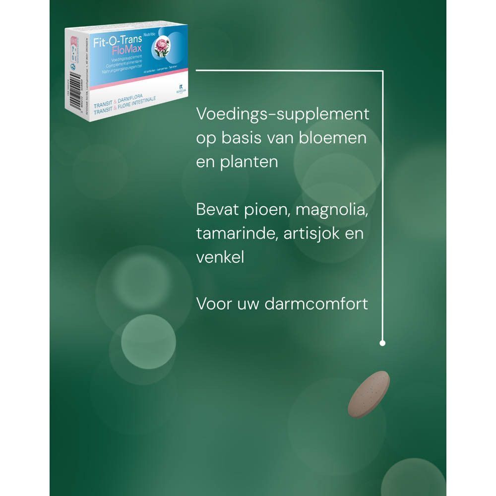 Verpakking Fit-O-Trans FloMax met bloemen- en plantenextracten voor darmcomfort.