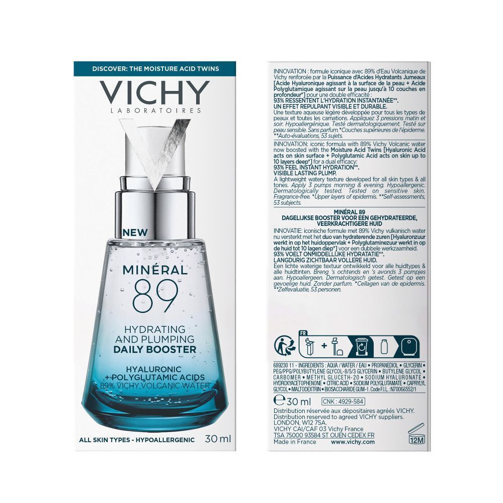 Flacon de sérum Vichy Minéral 89 et son emballage avec informations produit.