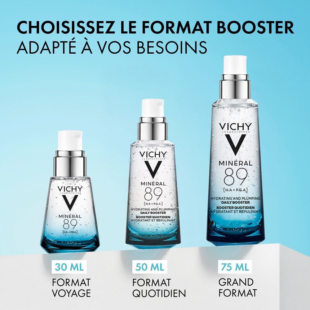 Trois flacons de sérum Vichy Minéral 89 de différentes tailles.