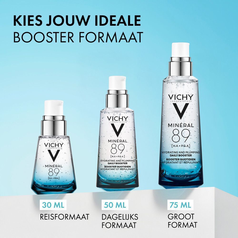 Drie Vichy Mineral 89 booster flacons in verschillende formaten.