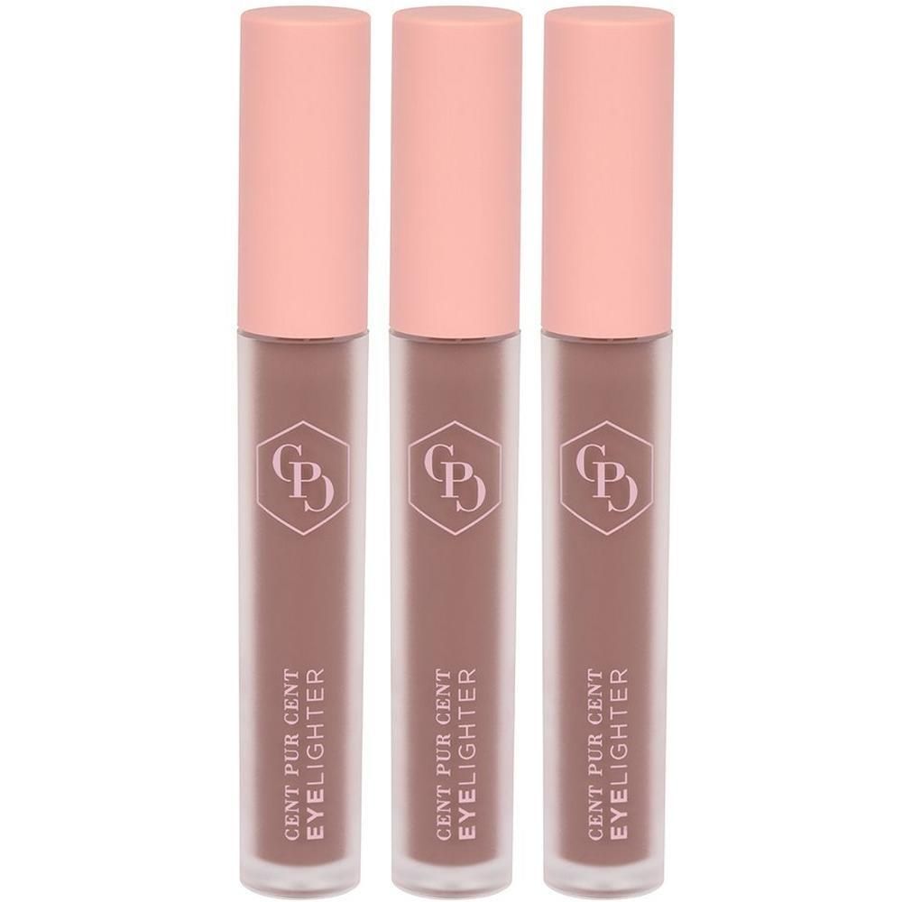 Trois Cent Pur Cent Eyelighter Mocha Matte dans des tubes marron avec des capuchons roses.