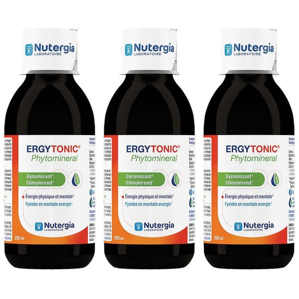 Drie Nutergia Ergytonic Phytomineral flessen. Donker glas, witte doppen. Etiketten met productnaam en details.
