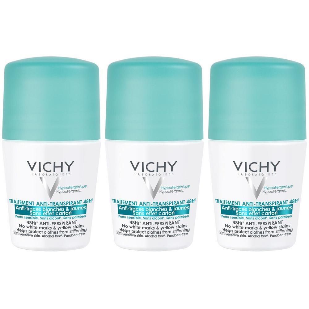 Drie Vichy deodorant roll-ons met turquoise dop en wit fleslabel.