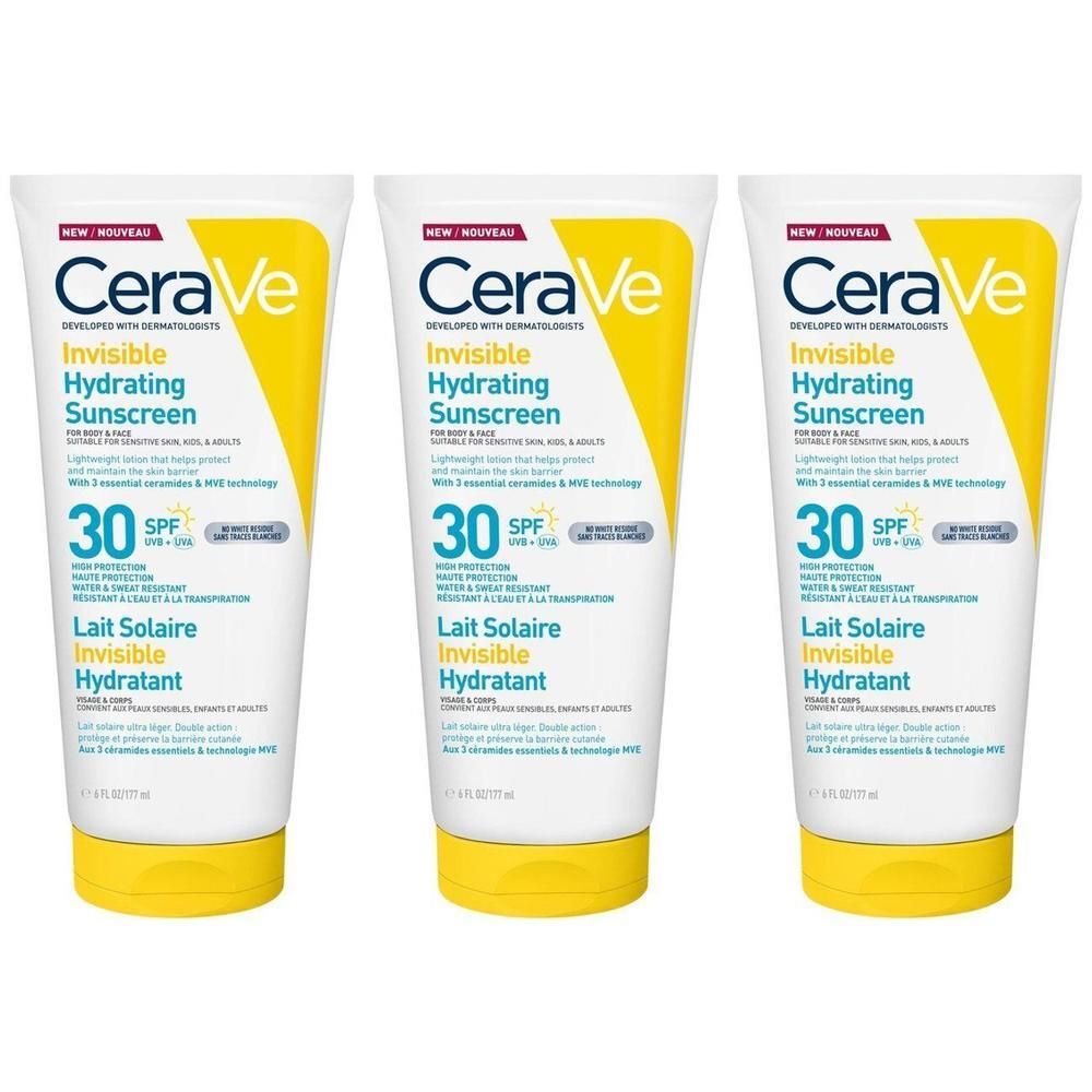 Drie tubes CeraVe zonnebrandcrème SPF 30, onzichtbaar, hydraterend.