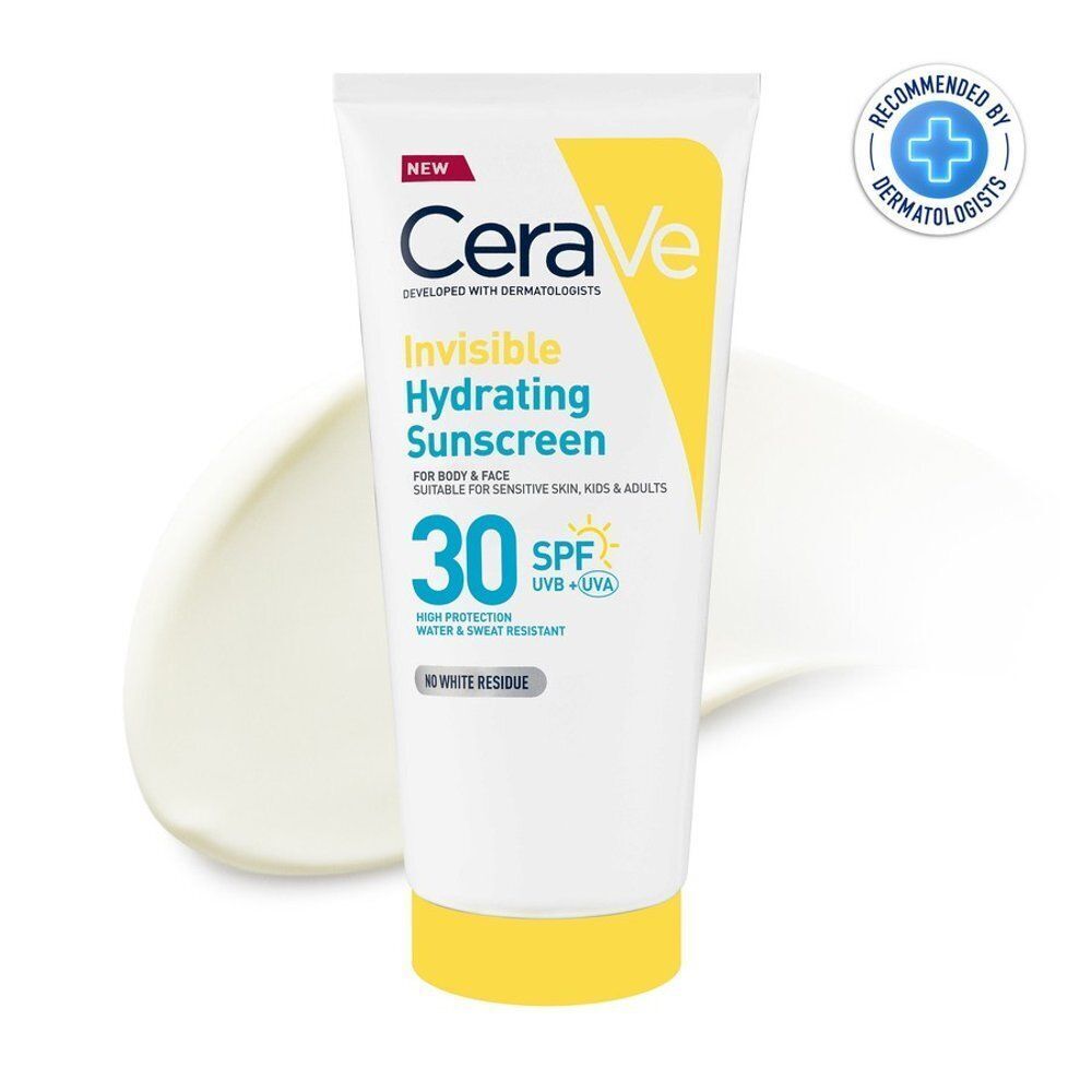 Crème solaire CeraVe SPF 30, invisible, hydratante, avec sceau de recommandation dermatologique.