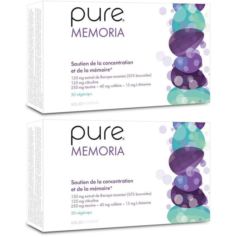 Deux boîtes de Pure Memoria pour le soutien de la concentration et de la mémoire. Contient 30 gélules végétales.