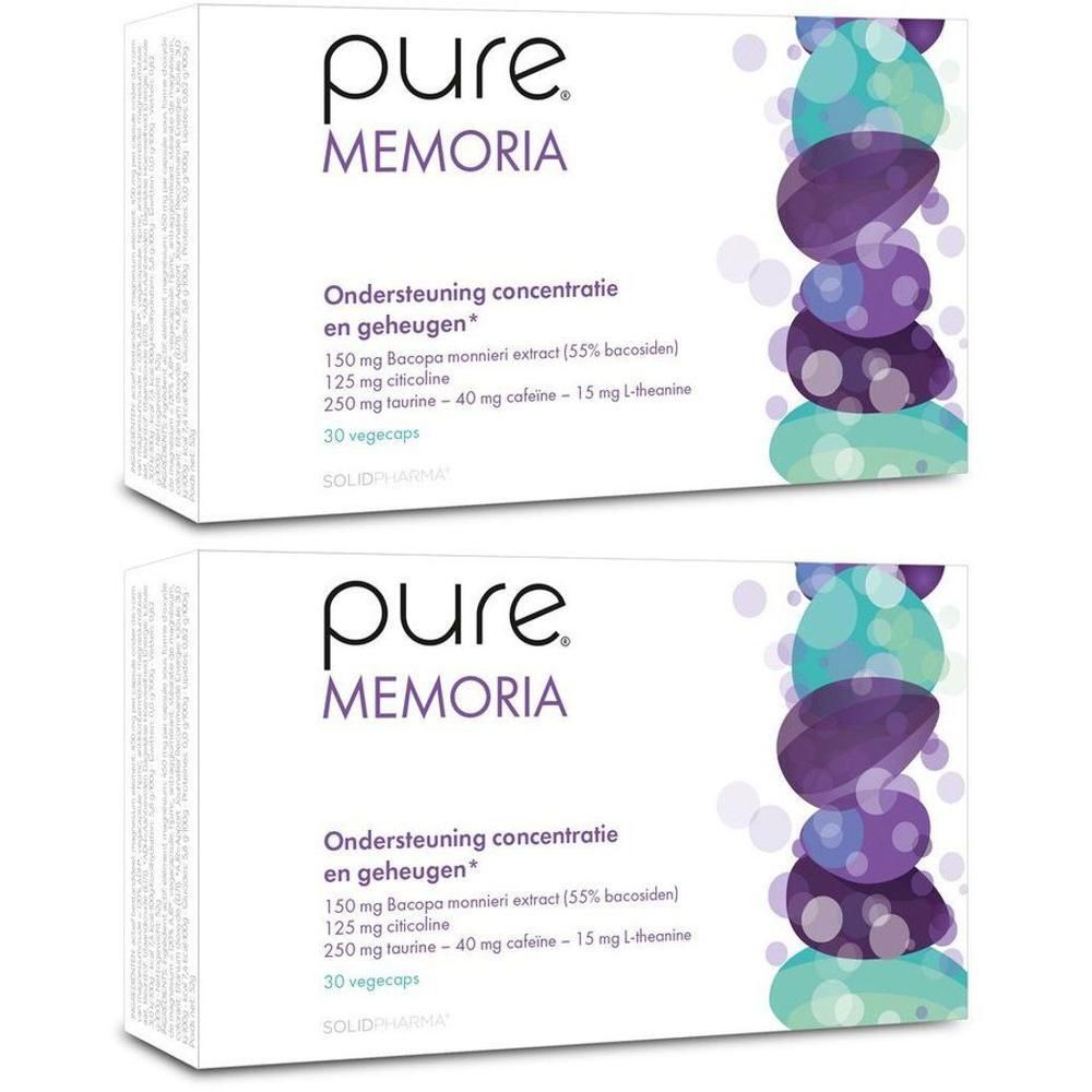 Twee verpakkingen Pure Memoria ter ondersteuning van concentratie en geheugen. Bevat 30 vegetarische capsules.