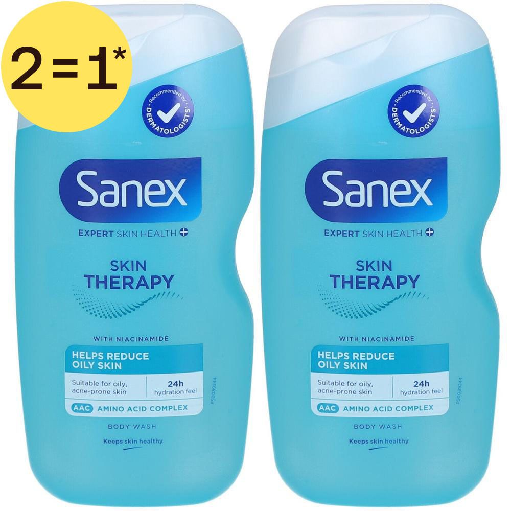 Twee flessen Sanex Skin Therapy Body Wash voor de vette huid met niacinamide en aminozuurcomplex.