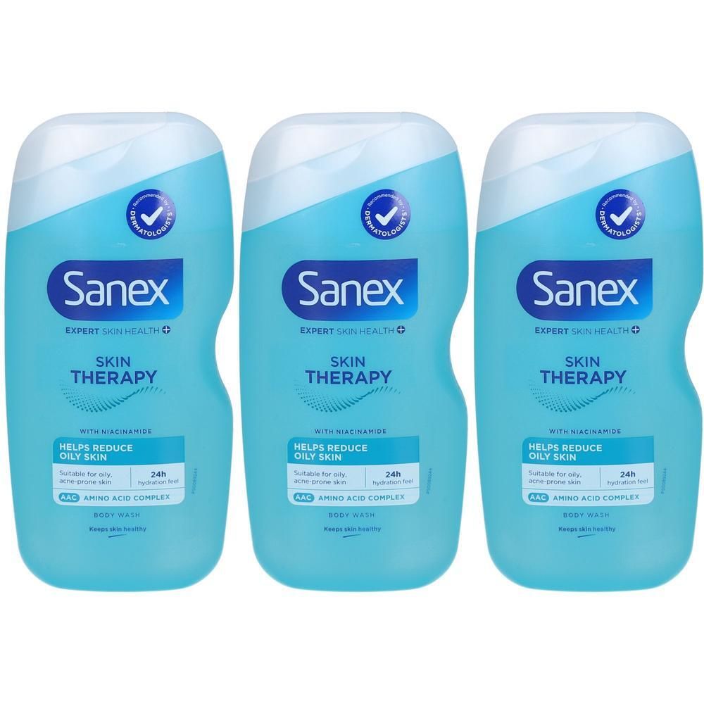 Drie flessen Sanex Skin Therapy voor de vette huid. Lichtblauwe flessen met witte dop.