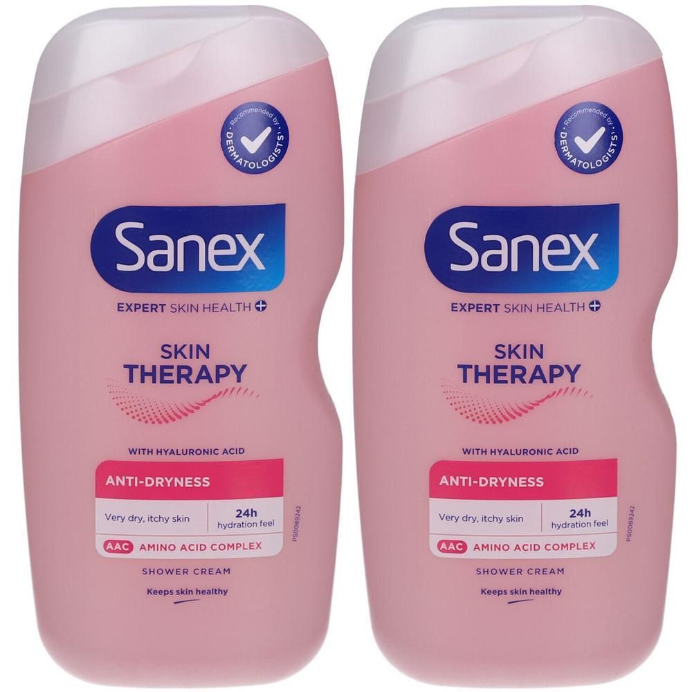 Twee flessen Sanex Skin Therapy Anti-Dryness douchecrème met hyaluronzuur en aminozuurcomplex.