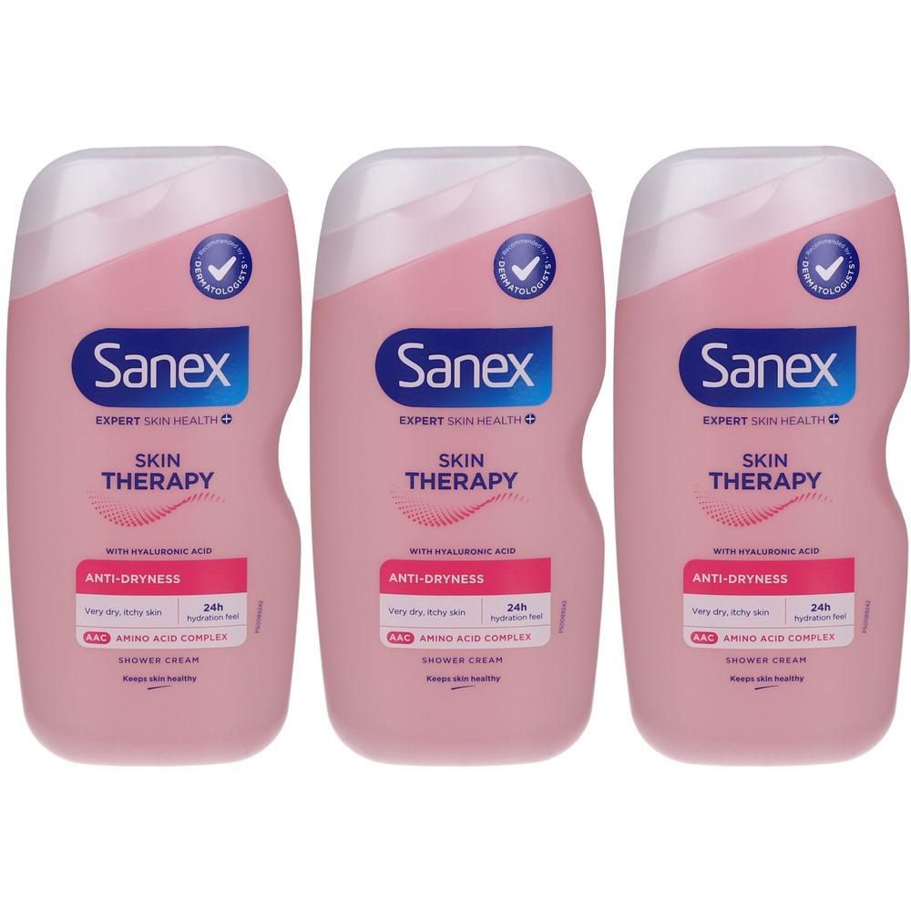 Trois flacons de crème de douche Sanex Skin Therapy Anti-Dryness avec acide hyaluronique et complexe d'acides aminés.