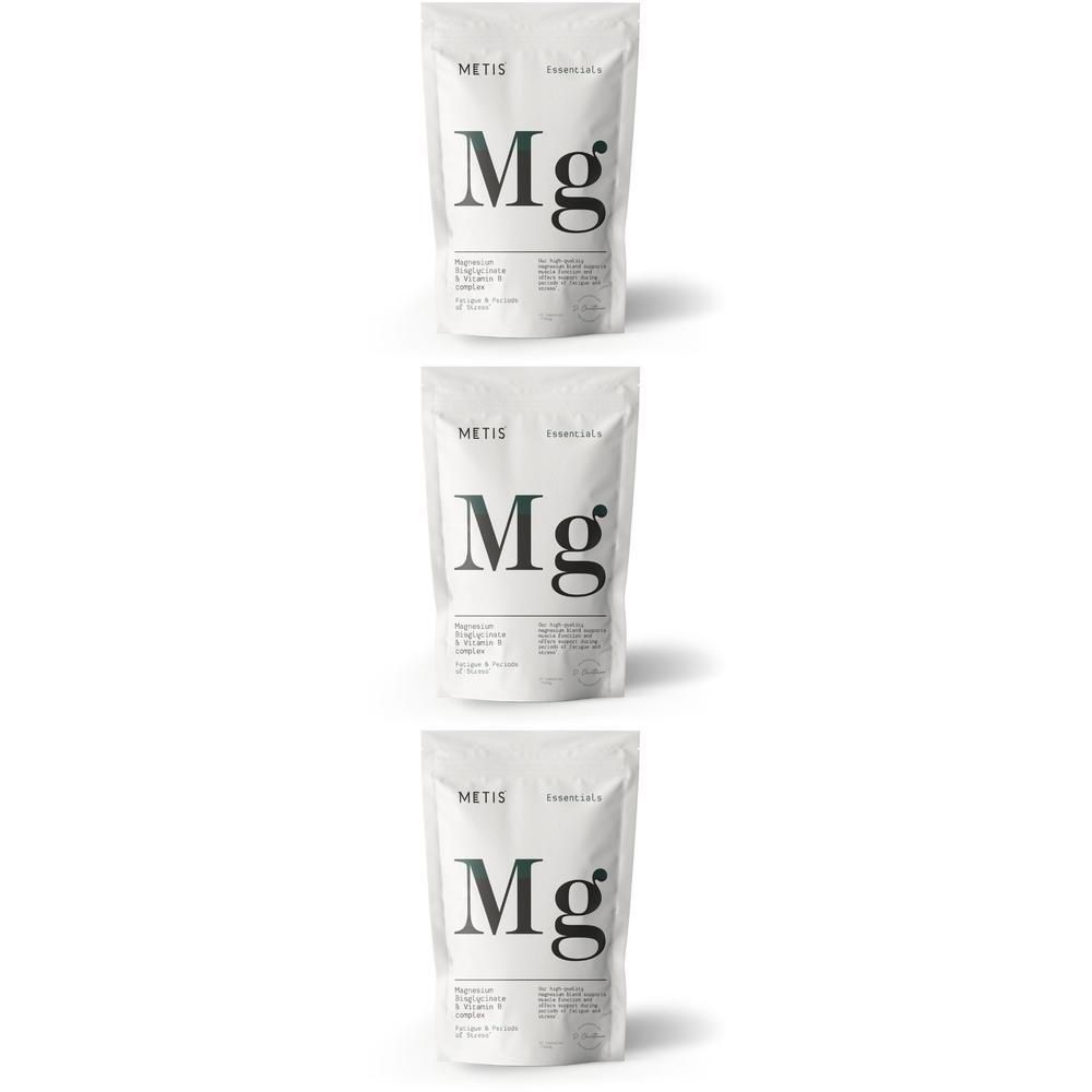 Trois sachets blancs avec l'inscription 'Mg' et 'Metis Essentials'.
